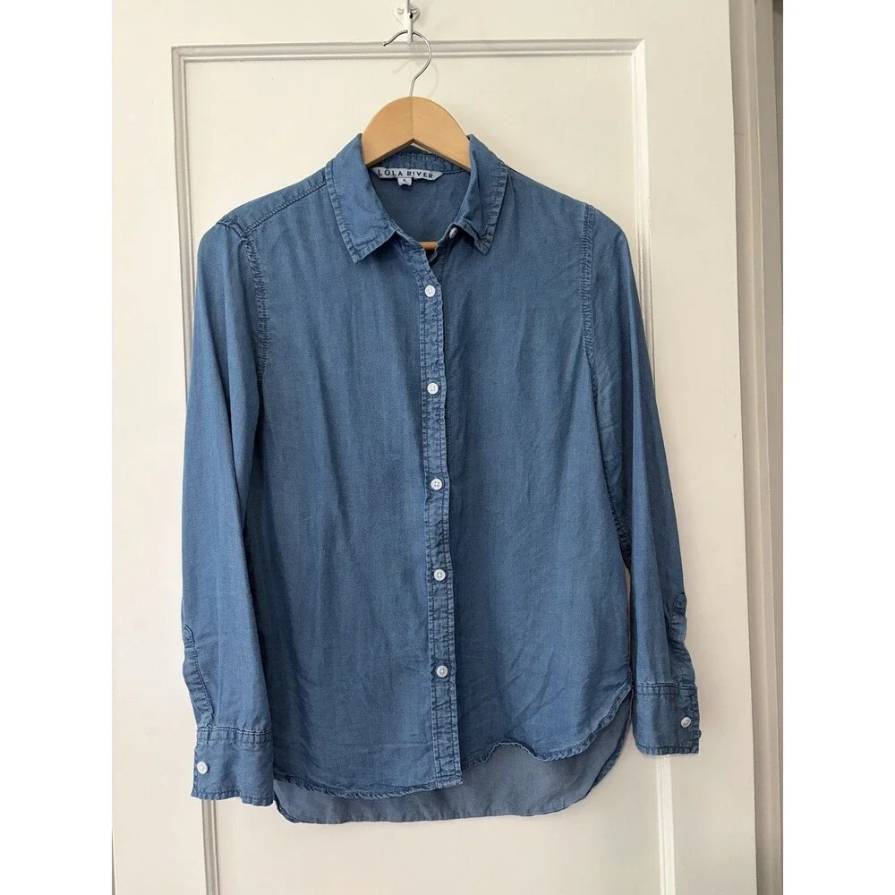 100% Tencel Lyocell Chambray Button Down Shirt Blue Small Lola River Preppy - Picture 1 of 6